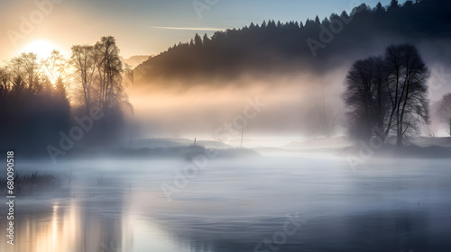 Serenity at Sunrise: Misty River Landscape with Forest Silhouette