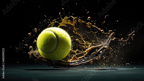 Tennis is an Olympic sport. A tennis ball on a dark court background © Hryhor Denys
