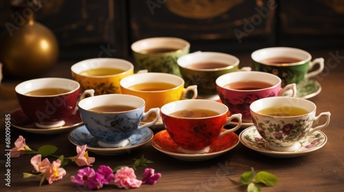 tea day, 10 cups of different teas, on saucers, next to flower petals and tea leaves, on a wooden table, banner