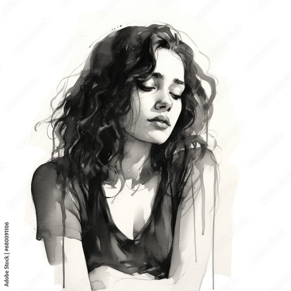 Melancholic Woman in Monochrome - Evocative Ink Artwork of Solitude