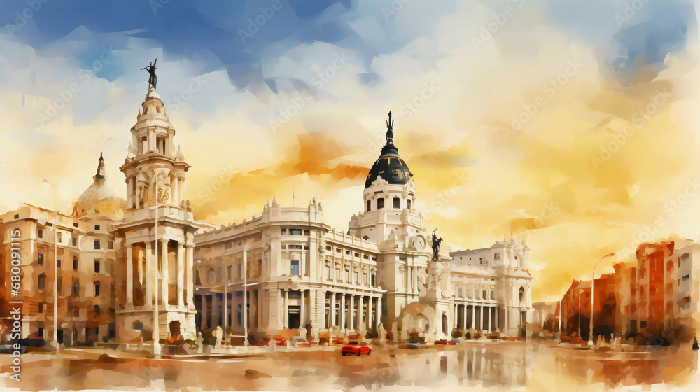 Drawing of Madrid with landmark and popular for tourist attractions - obrazy, fototapety, plakaty 