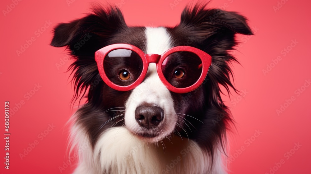 Puppy love: A funny border collie wearing red glasses, celebrating St. Valentine's Day in a cute and humorous pose. Puppy love: A funny border collie wearing red glasses, celebrating St. Valentine's Day in a cute and humorous pose.