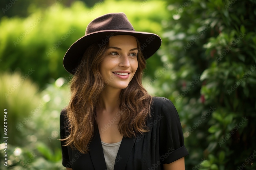 Portrait of a grinning woman in her 30s donning a classic fedora against a lush green garden. AI Generation