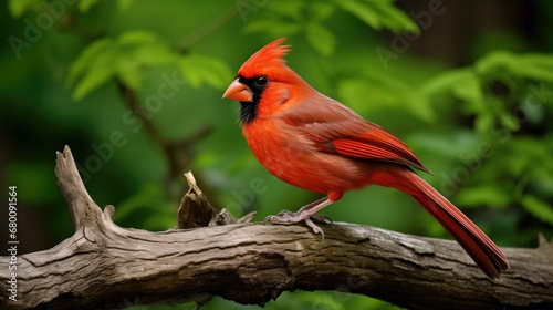 Vibrant Northern Cardinal perched on a tree branch, showcasing its sharp beak, distinctive crest, and sleek body. The red feathers stand out amidst the green foliage, capturing the beauty © Aidas