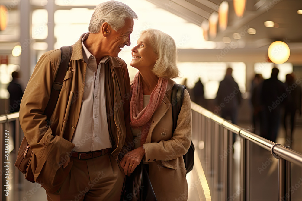 a senior couple in airport terminal travelling together