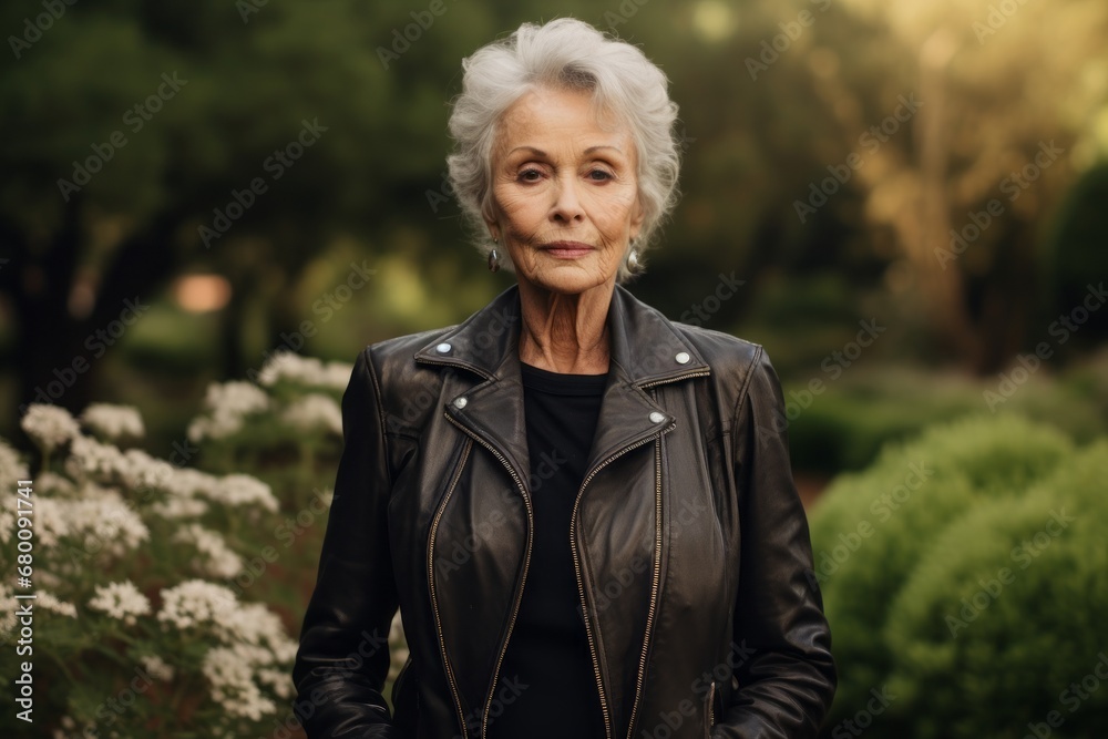 © CogniLens - Portrait of a glad woman in her 70s sporting a classic leather jacket against a lush green garden. AI Generation © CogniLens - Portrait of a glad woman in her 70s sporting a classic leather jacket against a lush green garden. AI Generation