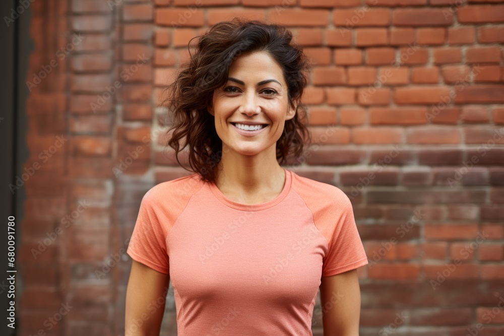Portrait of a cheerful woman in her 30s wearing a moisture-wicking running shirt against a vintage brick wall. AI Generation Portrait of a cheerful woman in her 30s wearing a moisture-wicking running shirt against a vintage brick wall. AI Generation