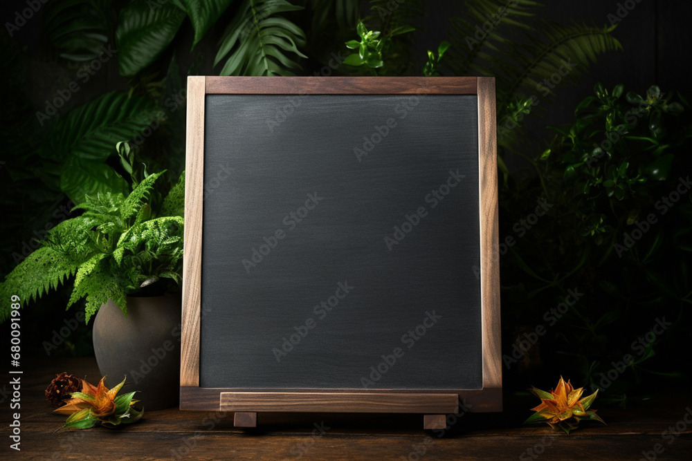 A rustic rectangle blackboard, framed in wood, stands alone in a garden, its empty surface awaiting creative expression. Generative AI.