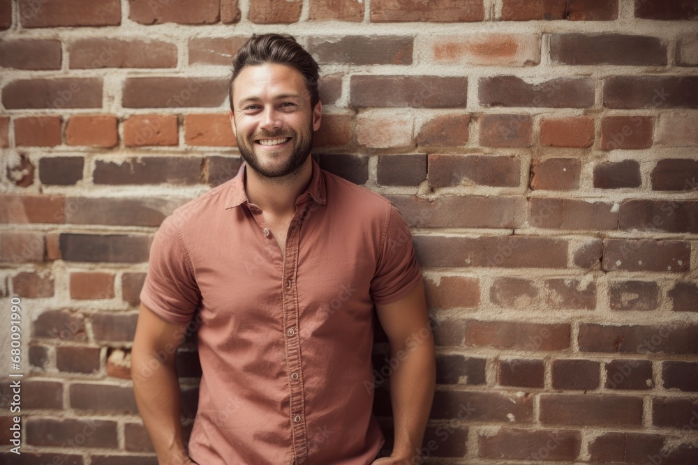 Portrait of a happy man in his 30s sporting a breathable hiking shirt against a vintage brick wall. AI Generation Portrait of a happy man in his 30s sporting a breathable hiking shirt against a vintage brick wall. AI Generation