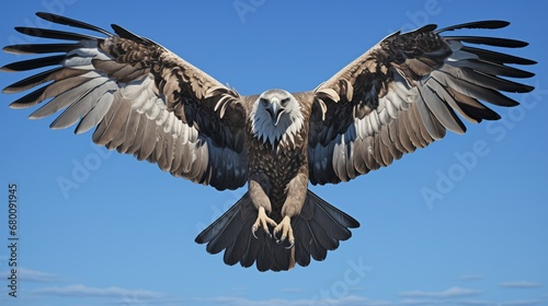 Detailed portrait of a majestic Harpy Eagle soaring in clear blue sky. Impressive wingspan, intricate feathers, and powerful gaze capture the beauty of this endangered bird of prey