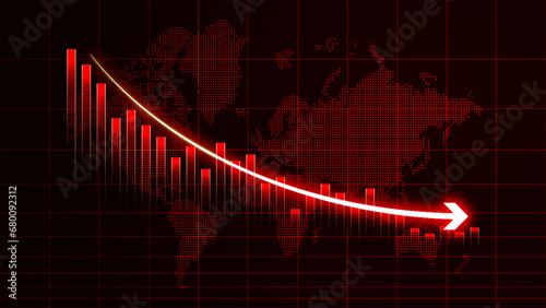 Declining stock market investment illustration, bankrupt financial information concept with arrows pointing down. Loss business statistics in red color