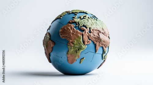 Sculpted Earth: A modeling clay world globe on a pristine white background, showcasing a unique, handmade representation of our planet. Perfect for educational materials and creative projects.