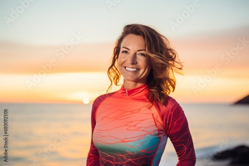 Portrait of a happy woman in her 30s showing off a vibrant rash guard against a vibrant sunset horizon. AI Generation