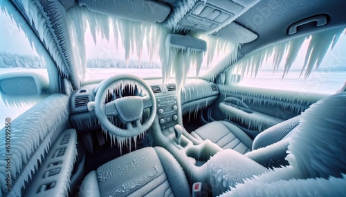 A chilling scene of a car's interior encapsulated in ice, with icicles dangling from the ceiling and frost clinging to every surface. 