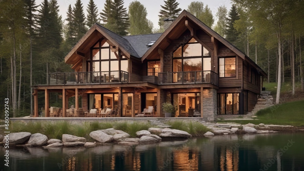Luxurious Wooden House on the Bank of a Serene Lake at Dusk