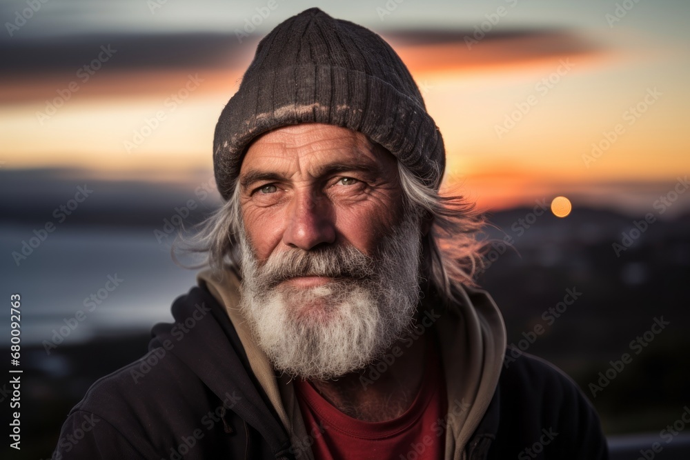 Portrait of a glad man in his 50s sporting a trendy beanie against a vibrant sunset horizon. AI Generation