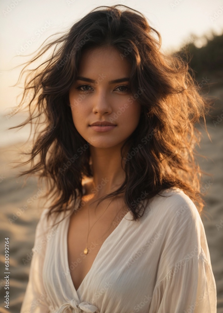 Beautiful photorealistic 25-year-old girl, black hair, brown eyes, white clothes, approachable expression, golden-hour sunlight, beach setting, high-resolution, 85mm lens, 8K, Generative AI
