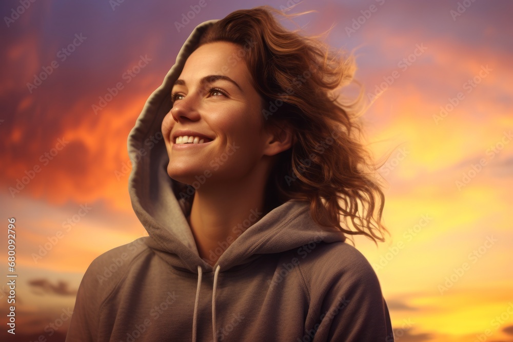 Portrait of a grinning woman in her 20s dressed in a comfy fleece pullover against a vibrant sunset horizon. AI Generation Portrait of a grinning woman in her 20s dressed in a comfy fleece pullover against a vibrant sunset horizon. AI Generation