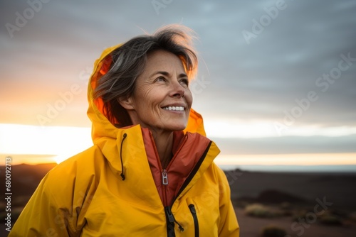 Portrait of a cheerful woman in her 50s wearing a lightweight packable anorak against a vibrant sunset horizon. AI Generation photo