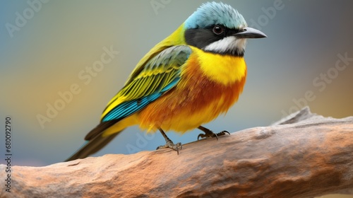 Vibrant bee-eater bird with green, blue, and yellow feathers perched on a branch. Wings spread wide in mid-action, sharply focused. Stunning and captivating nature photography