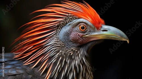 Close-up of a hyper-realistic Hoatzin with vibrant plumage, expressive red eyes, and intricate texture. The brown, black, and chestnut feathers stand out against a black background photo