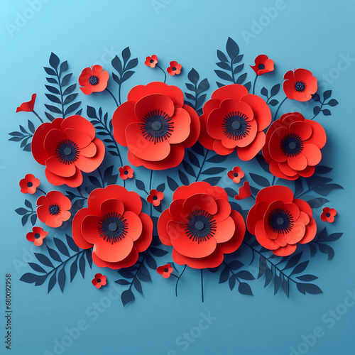 Seamless floral pattern with poppy flowers and leaves in red, green and blue colors. Generative AI.