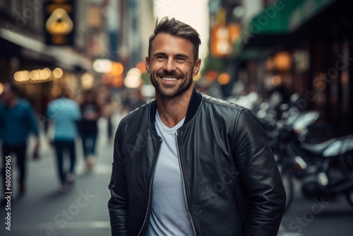 Portrait of a joyful man in his 30s sporting a stylish varsity jacket against a busy urban street. AI Generation