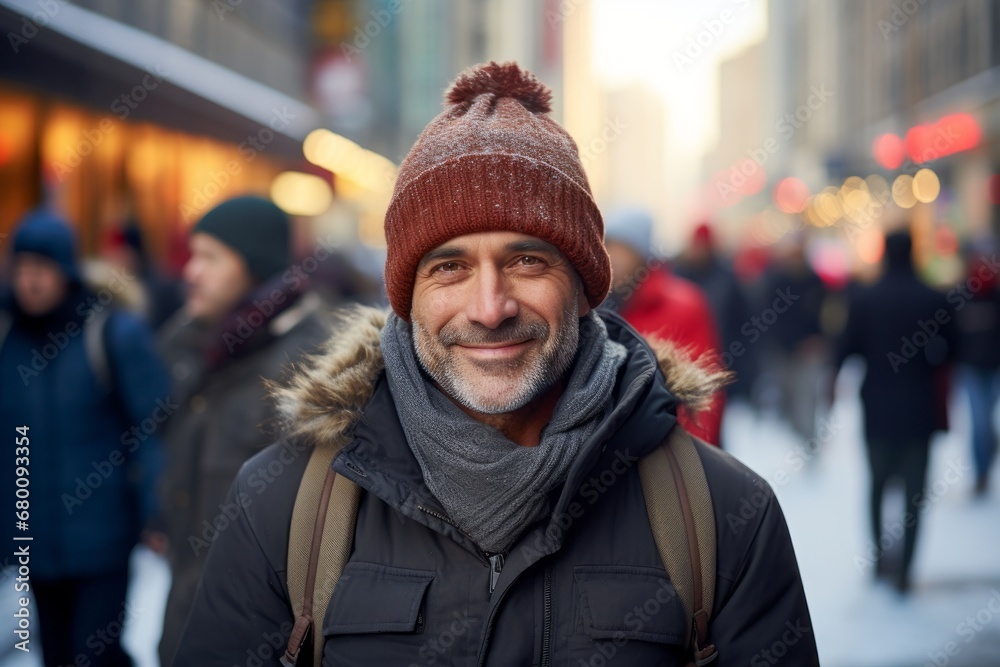 Portrait of a glad man in his 40s dressed in a warm ski hat against a busy urban street. AI Generation Portrait of a glad man in his 40s dressed in a warm ski hat against a busy urban street. AI Generation