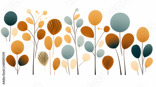 Colorful plant print on a white background, greeting card, in the style of earthy organic shapes, rounded, hazy, light cyan and dark amber, tropical symbolism, simple designs, generative ai