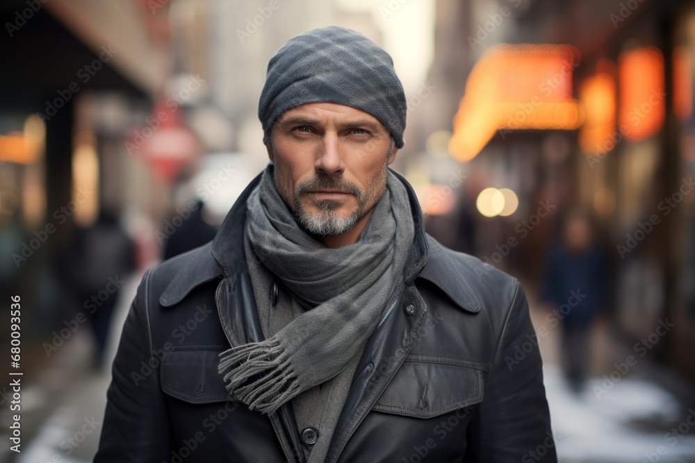 Portrait of a tender man in his 40s wearing a versatile buff against a busy urban street. AI Generation Portrait of a tender man in his 40s wearing a versatile buff against a busy urban street. AI Generation