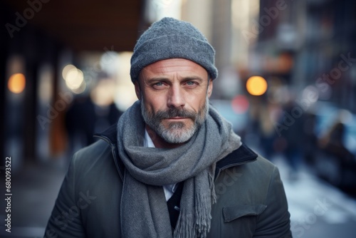 Portrait of a tender man in his 40s wearing a versatile buff against a busy urban street. AI Generation