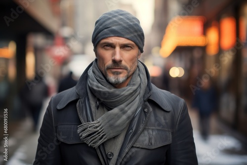 Portrait of a tender man in his 40s wearing a versatile buff against a busy urban street. AI Generation