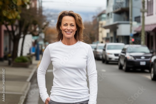 Portrait of a cheerful woman in her 50s sporting a long-sleeved thermal undershirt against a busy urban street. AI Generation