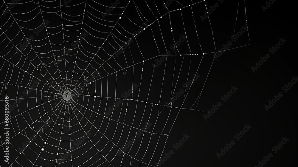 Naklejka premium white cobweb on a black background in the dark.