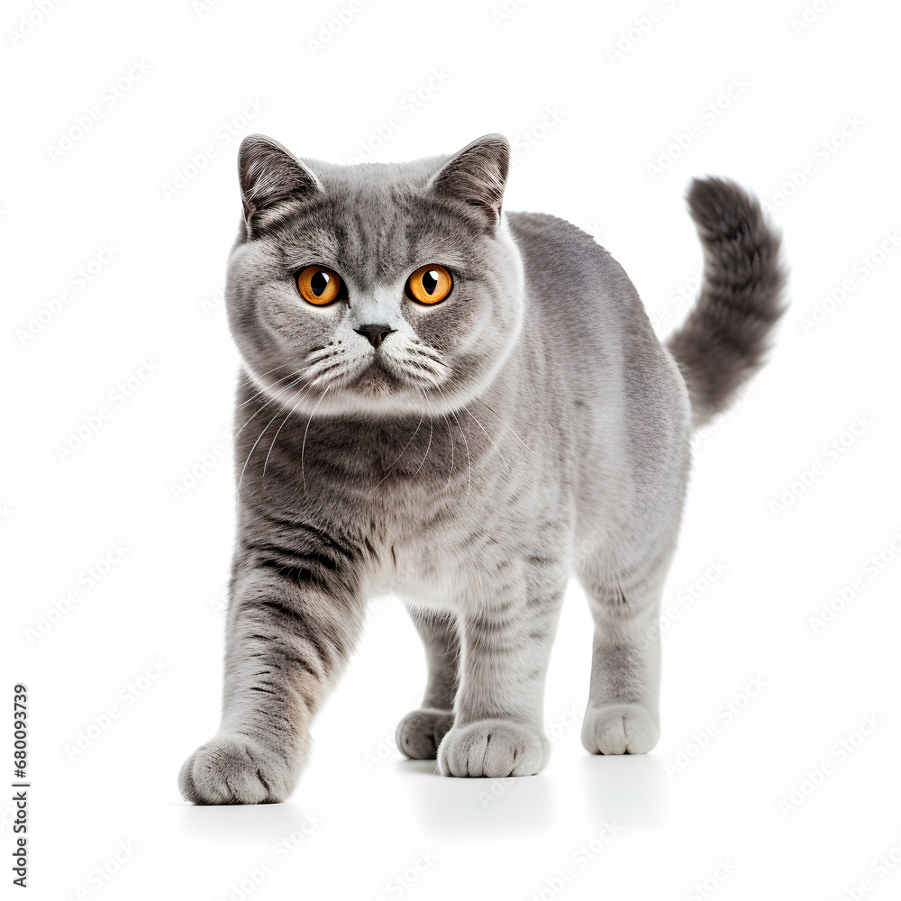 Blue British shorthair cat walking isolated on a white background, generative ai