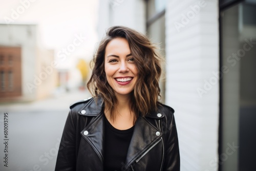 Free Download Portrait of a grinning woman in her 30s sporting a classic leather jacket against a modern minimalist interior. AI Generation - GFXLoad