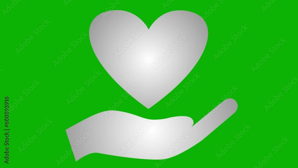 Animated silver pounding heart on palm. Looped video of heart beating. Concept of charity, health, medicine. Vector illustration isolated on the green background.