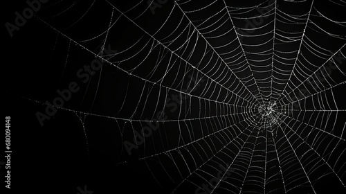 white cobweb on a black background in the dark.