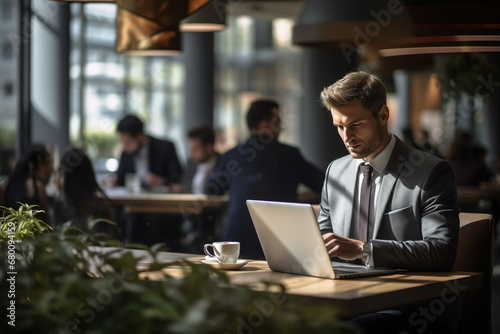 Businesswoman sharp suit focused expression working on a laptop in a bustling coffee shop.