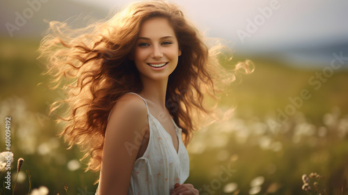 Free happy woman enjoying nature. Beauty girl outdoor portrait. Generative ai. 