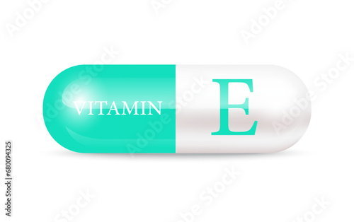 Capsule vitamin E (Thiamine) structure green, white. Vitamin complex with chemical formula. Drug business concept. Personal care, beauty concept. 3D Vector Illustration. transparent capsule pill.	