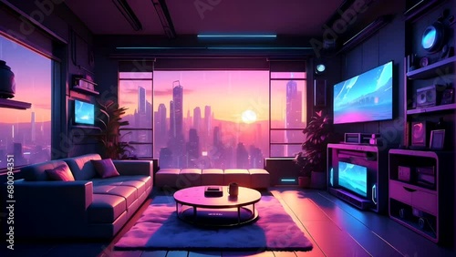 animated virtual backgrounds, stream overlay loop, interior, cozy futuristic cyberpunk living room at sunset, vtuber asset twitch zoom OBS screen, chill anime lo-fi hip hop