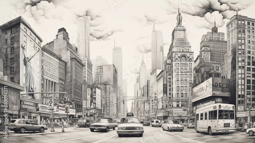 Drawing of New York with landmark and popular for tourist attractions