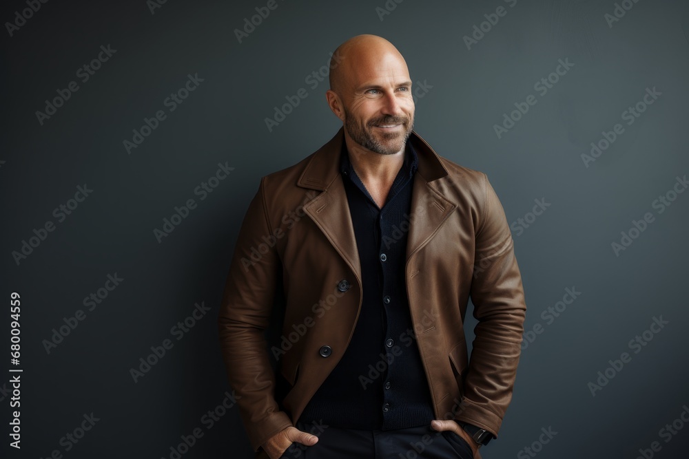 Portrait of a joyful man in his 40s sporting a stylish leather blazer against a modern minimalist interior. AI Generation Portrait of a joyful man in his 40s sporting a stylish leather blazer against a modern minimalist interior. AI Generation