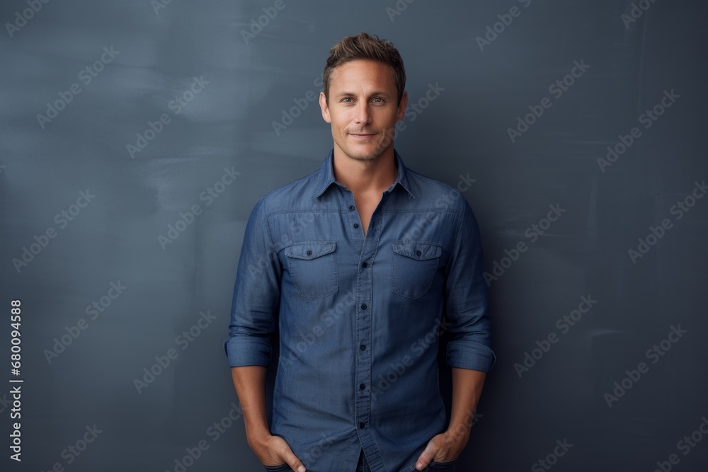 Portrait of a jovial man in his 40s sporting a versatile denim shirt against a modern minimalist interior. AI Generation