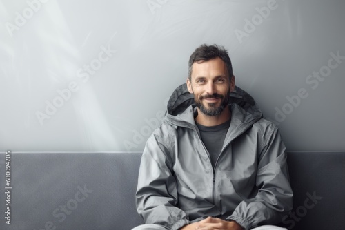 Portrait of a blissful man in his 40s wearing a lightweight packable anorak against a modern minimalist interior. AI Generation photo