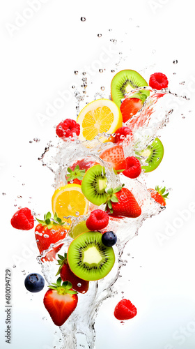 Fresh fruits falling in water splash isolated on white background  generative ai