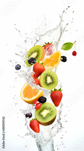 Fresh fruits falling in water splash isolated on white background, generative ai