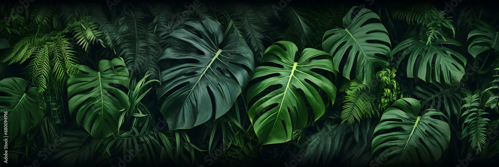 Background of dark green tropical leaves monstera, palm, coconut leaf, fern, palm leaf, banana leaf. Wide panorama backdrop wallpaper, concept of nature, generative ai Background of dark green tropical leaves monstera, palm, coconut leaf, fern, palm leaf, banana leaf. Wide panorama backdrop wallpaper, concept of nature, generative ai