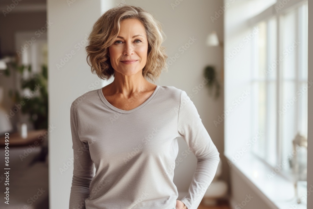 Portrait of a blissful woman in her 50s showing off a lightweight base layer against a modern minimalist interior. AI Generation